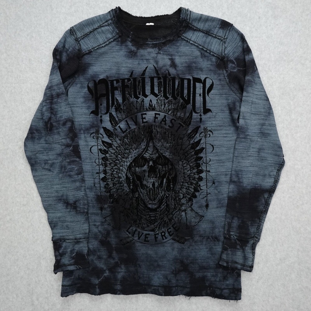 Affliction Shirt Mens Medium Blue Reversible Long Sleeve Tie Die Distressed MMA